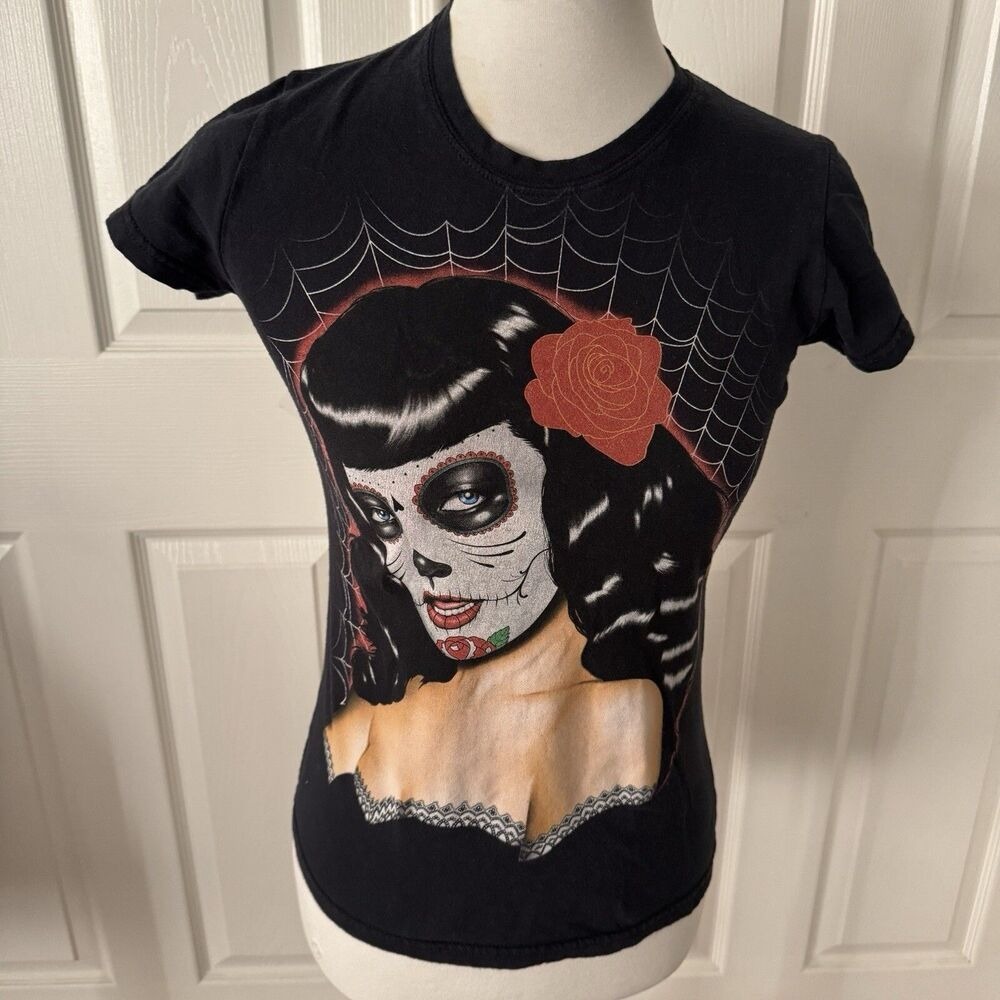 Day Of The Dead Small Sugar Skull Pinup Rockabilly Goth Spider Web Tattoo Black